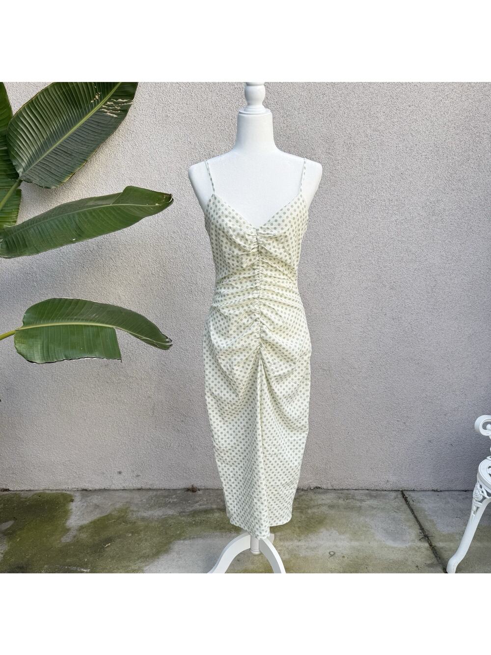 Zara Green White Mint Polka Dots Linen Blend Strapless Cottagecore M NWT